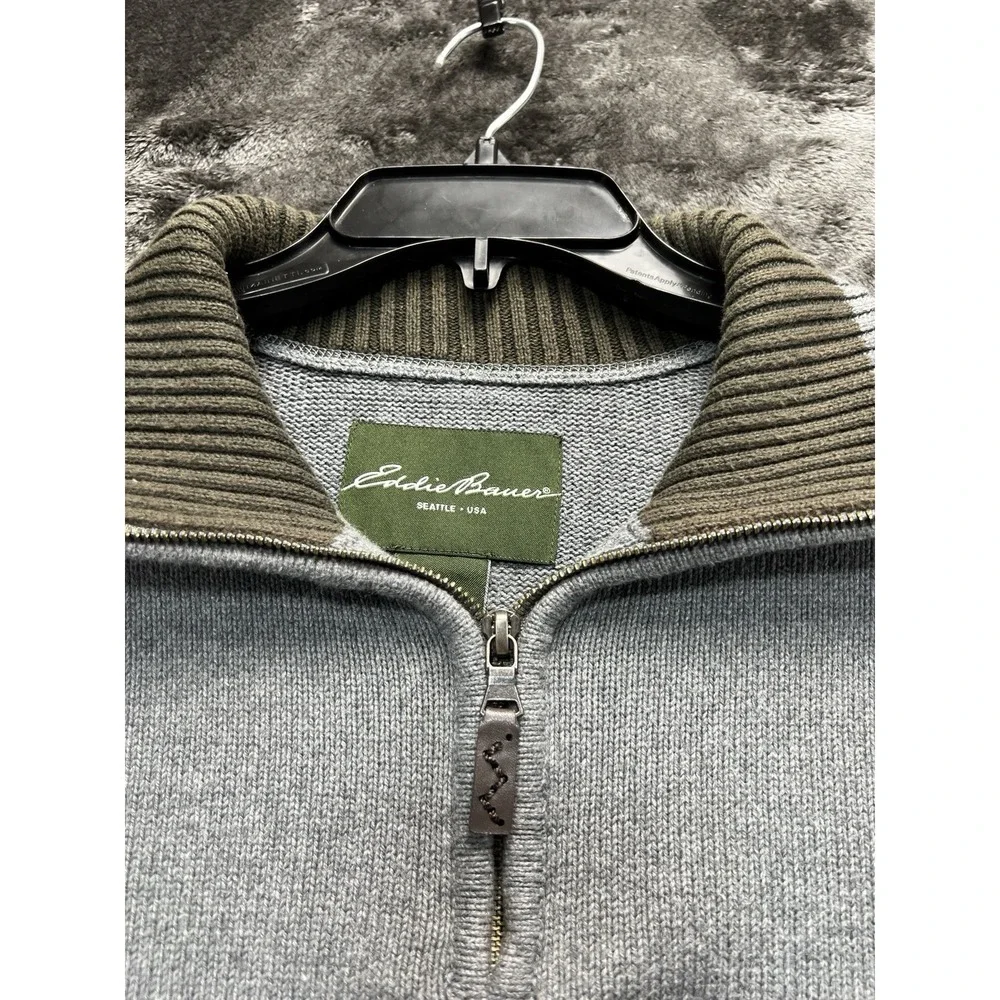 Eddie Bauer Men's XL Cotton Quarter Zip Pullover Gray Rib Knit Sweater